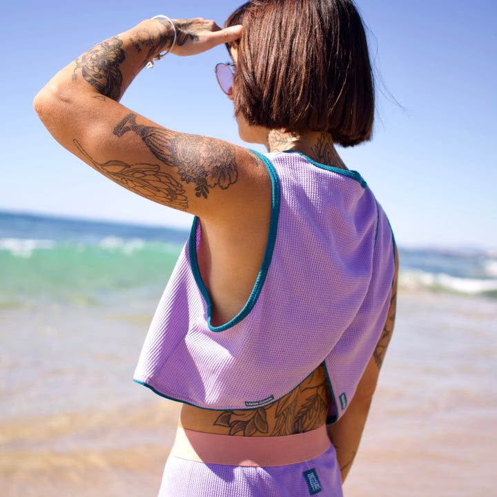 women's purple backless waffle tank top