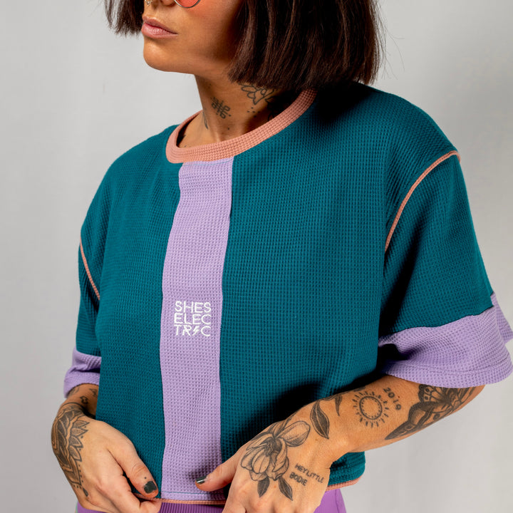 women's teal purple backless waffle tee top