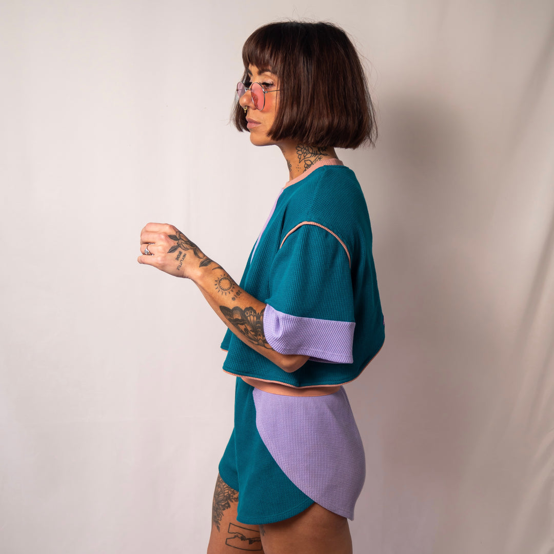 women's teal purple backless waffle tee top