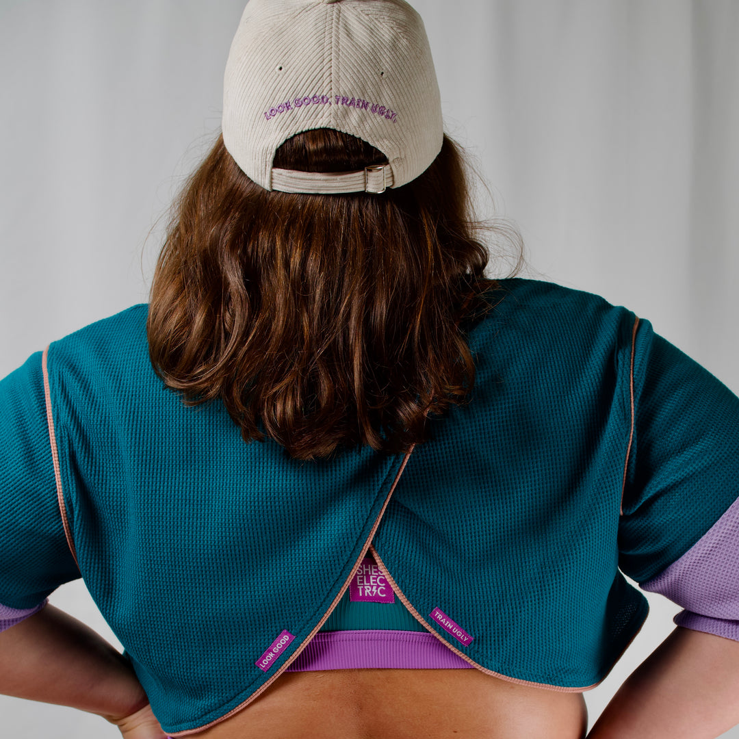 women's teal purple backless waffle tee top