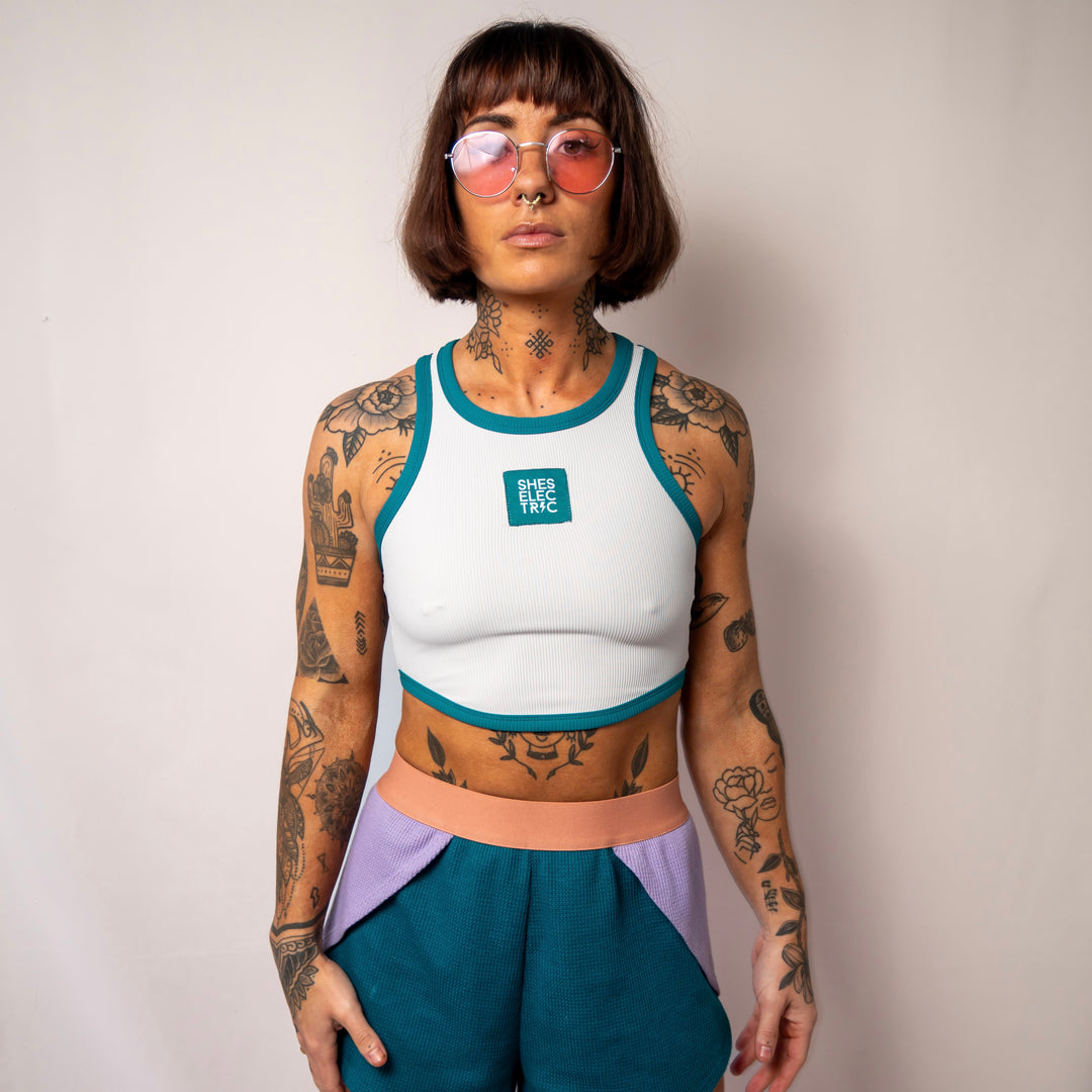 women's activewear off white teal singlet top