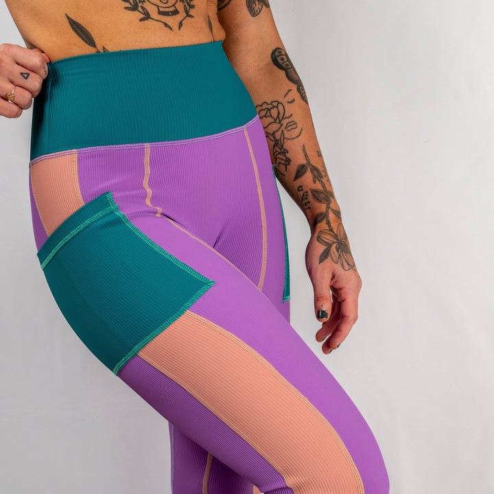 women's activewear purple teal pink tights