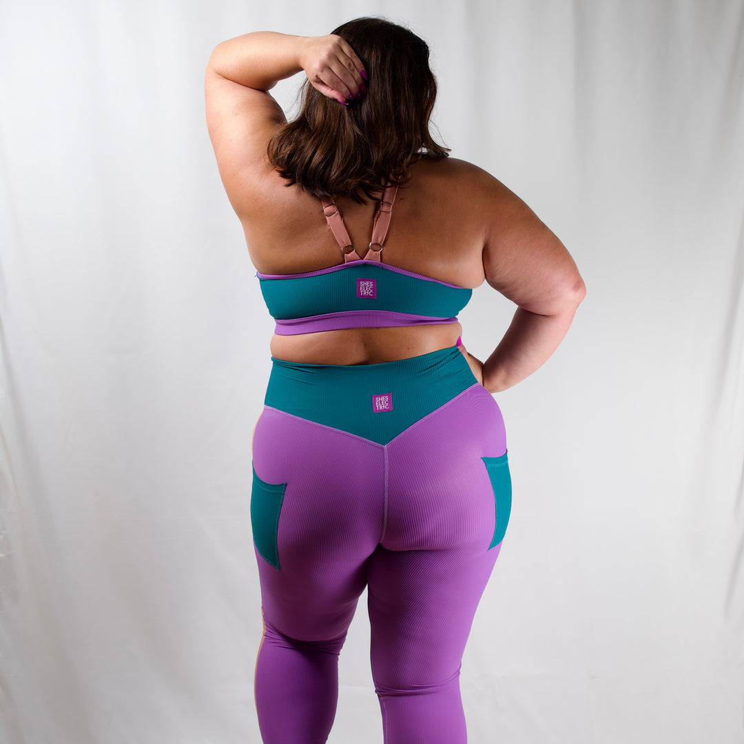 women's activewear purple teal pink tights