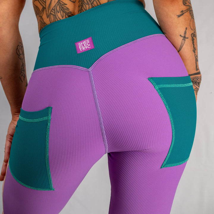 women's activewear purple teal pink tights