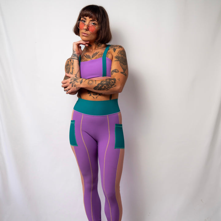 women's activewear purple teal pink tights