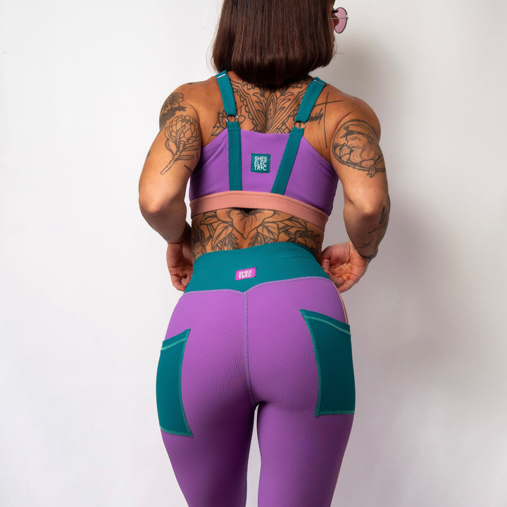 women's activewear purple teal pink tights