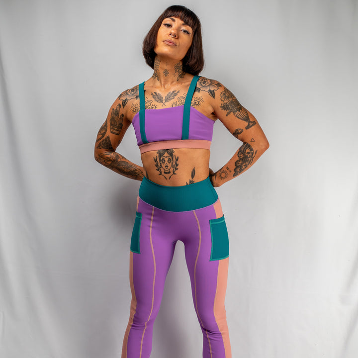 women's activewear purple teal pink tights