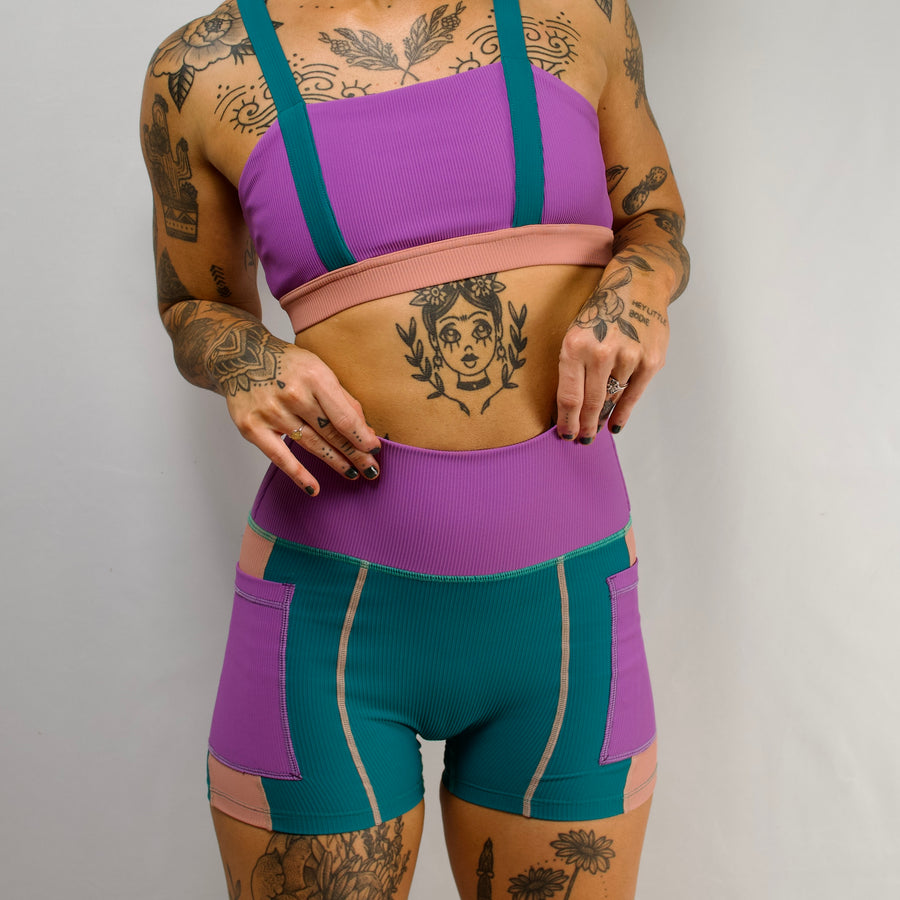 women's activewear purple teal pink bike shorts