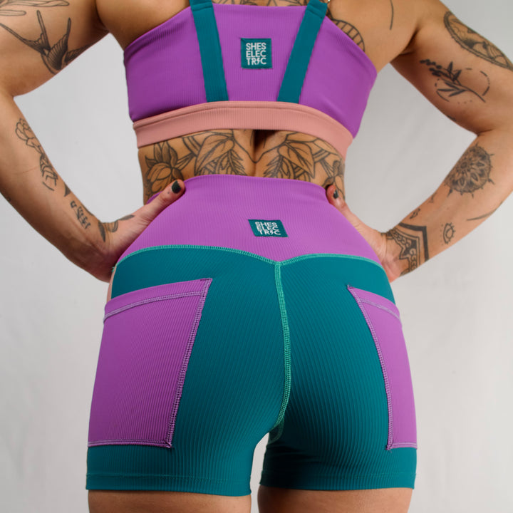 women's activewear purple teal pink bike shorts