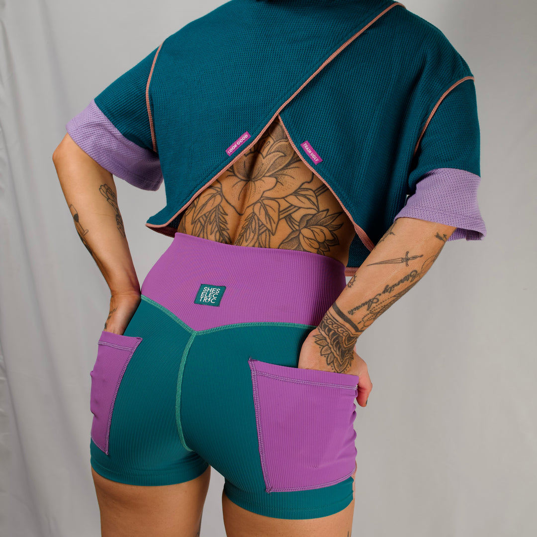 women's activewear purple teal pink bike shorts