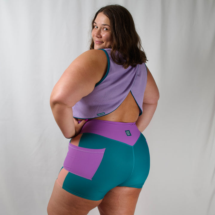 women's activewear purple teal pink bike shorts