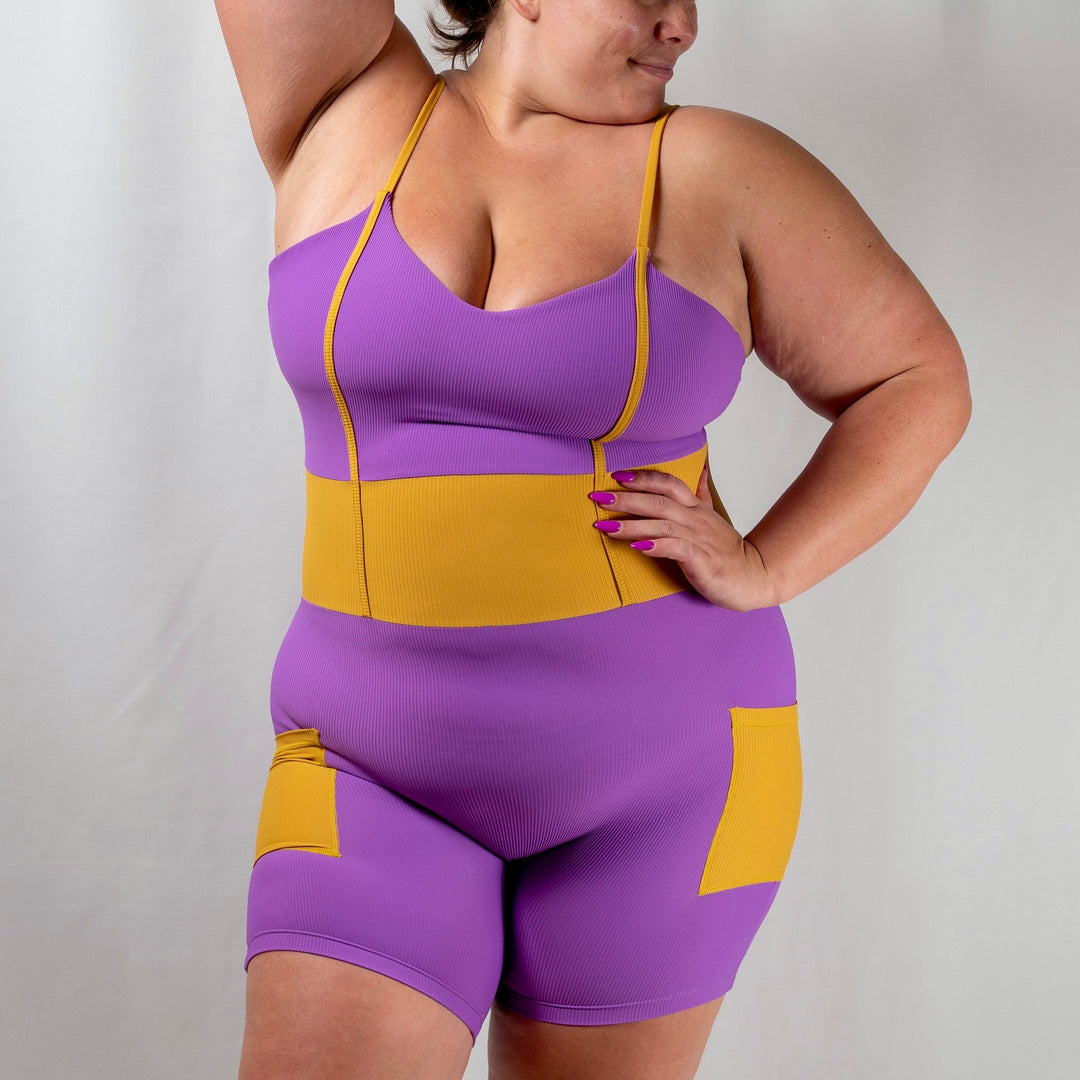 women's purple yellow activewear bodysuit with pockets