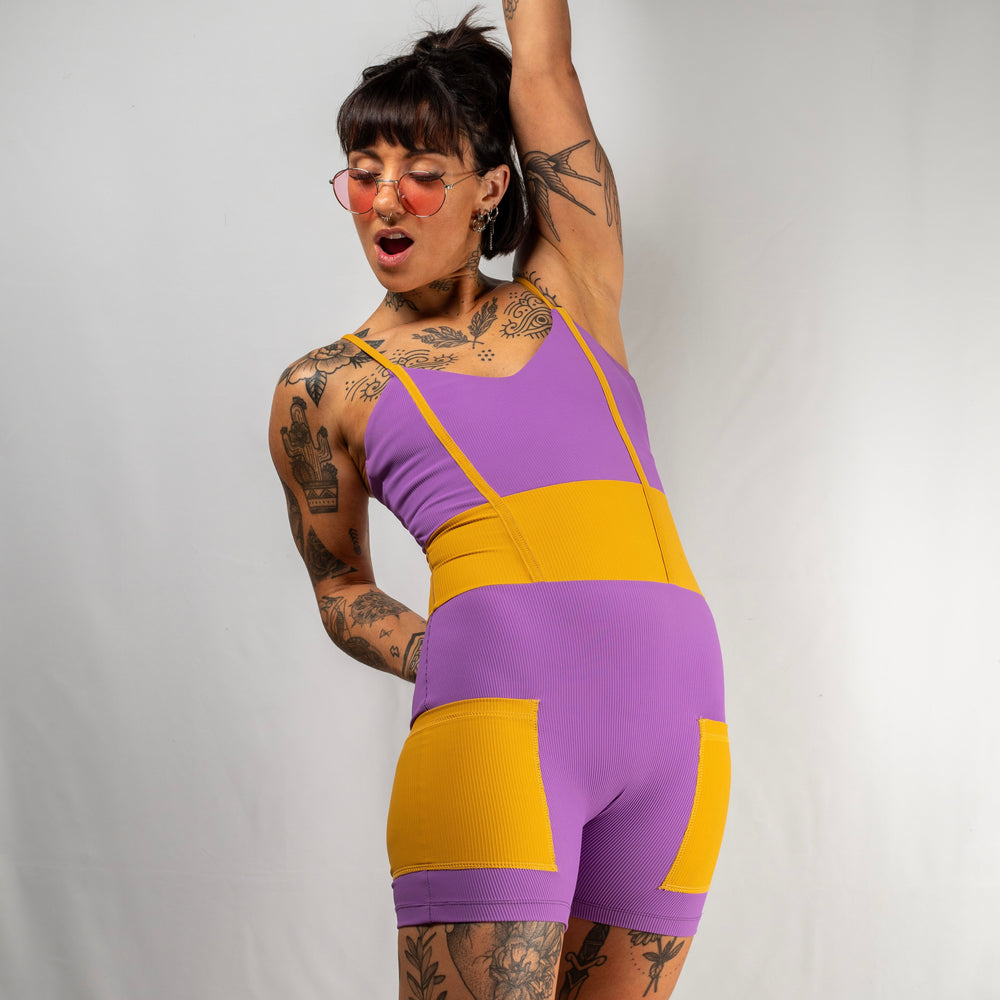 women's purple yellow activewear bodysuit with pockets