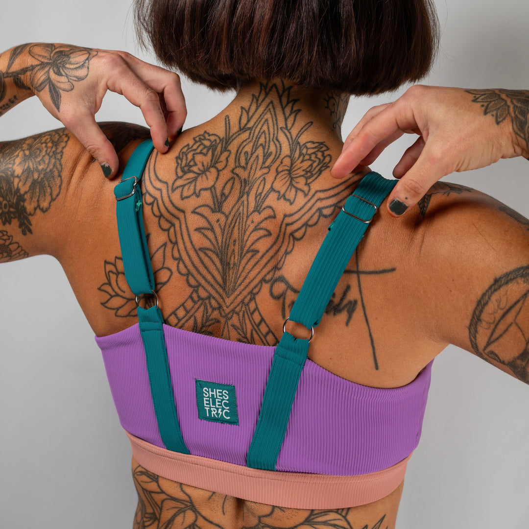 women's activewear bra crop purple teal pink