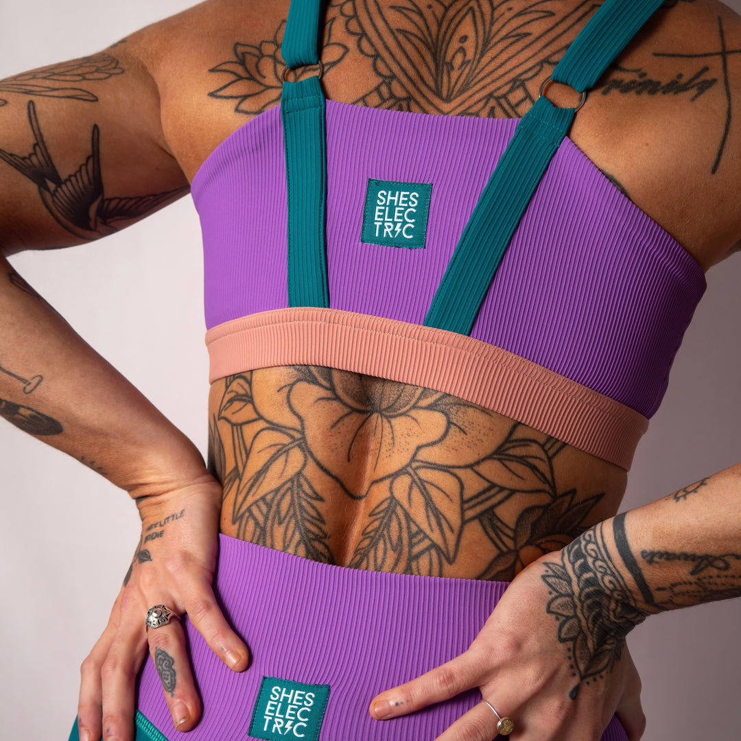 women's activewear bra crop purple teal pink