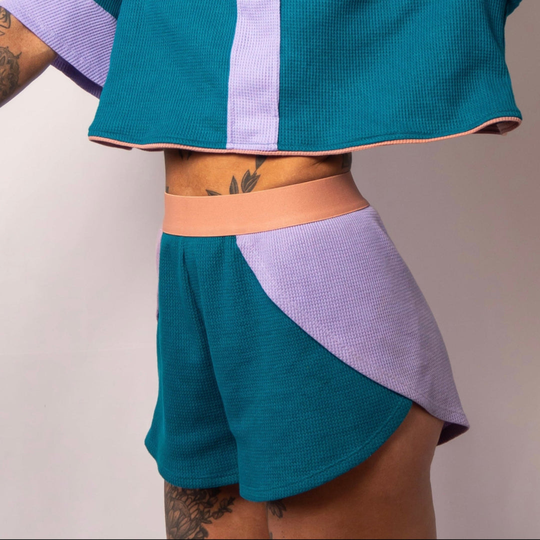 women's waffle cotton teal purple shorts