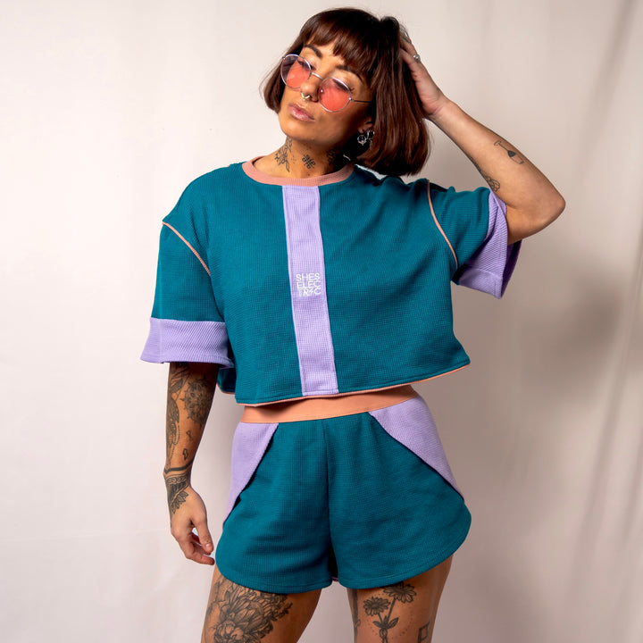 women's waffle cotton teal purple shorts