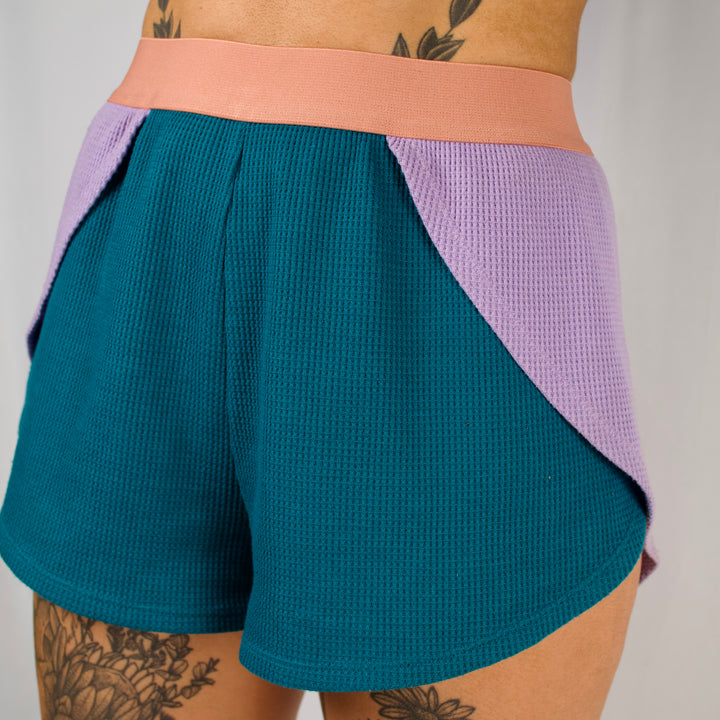 women's waffle cotton teal purple shorts