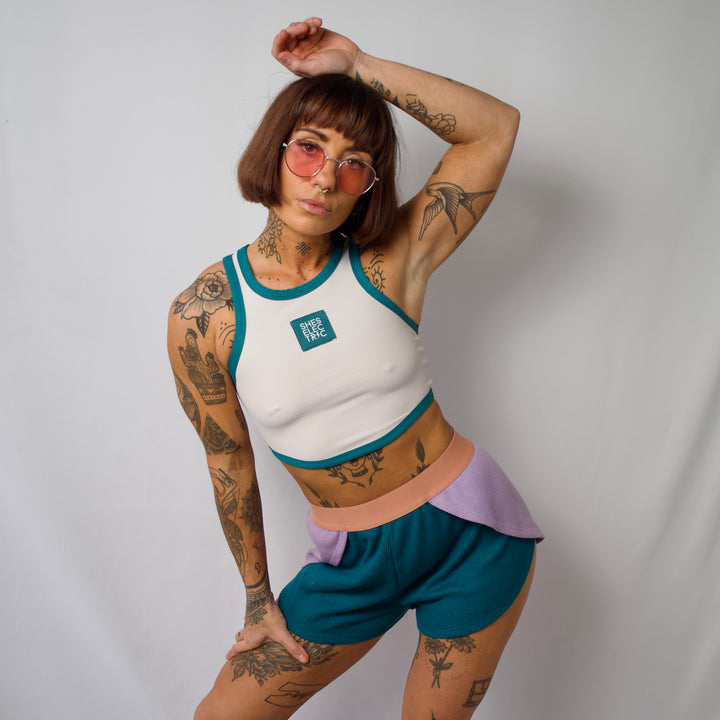 women's waffle cotton teal purple shorts