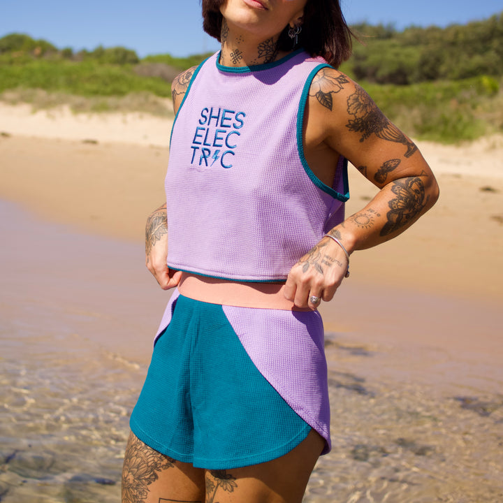 women's waffle cotton teal purple shorts